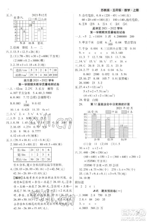 北方妇女儿童出版社2022期末考试必刷卷五年级数学上册苏教版九县七区专版参考答案