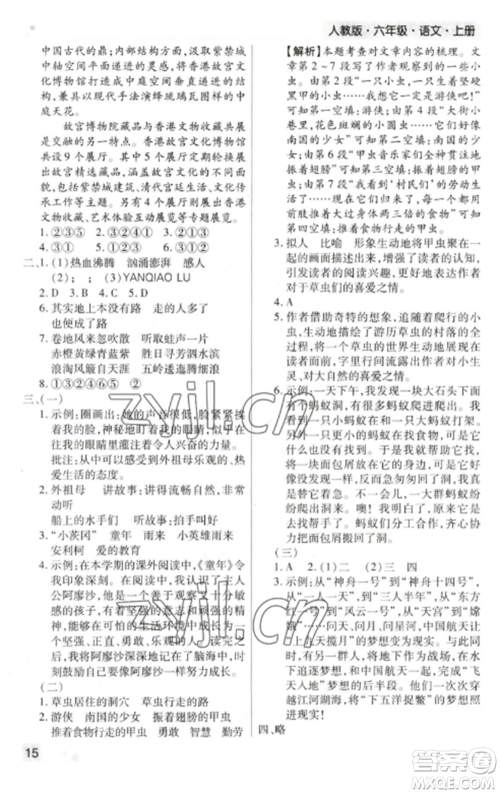 北方妇女儿童出版社2022期末考试必刷卷六年级语文上册人教版郑州专版参考答案