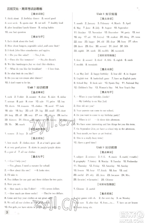 北方妇女儿童出版社2022期末考试必刷卷七年级英语上册人教版河南专版参考答案