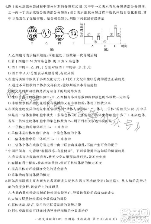 百师联盟2022届高三一轮复习联考一全国卷生物试卷答案