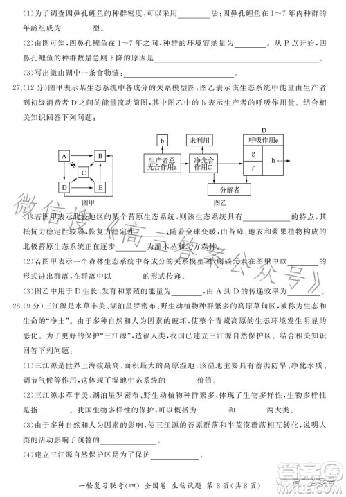 百师联盟2022届高三一轮复习联考一全国卷生物试卷答案