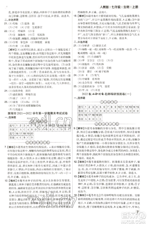 北方妇女儿童出版社2022期末考试必刷卷七年级生物上册人教版河南专版参考答案