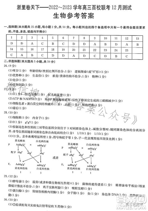 浙里卷天下2022-2023学年高三百校联考12月测试生物试卷答案 浙里卷天下2022-2023学年高三百校联考12月测试生物试卷答案