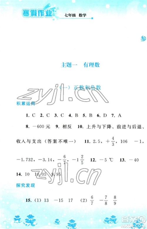 人民教育出版社2023寒假作业七年级数学全册人教版参考答案