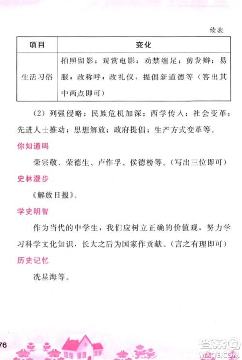 人民教育出版社2023寒假作业八年级历史全册人教版参考答案