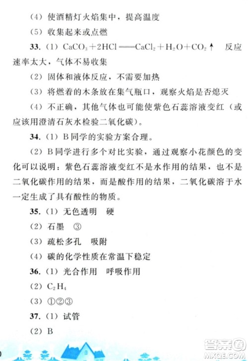 人民教育出版社2023寒假作业九年级化学全册人教版参考答案