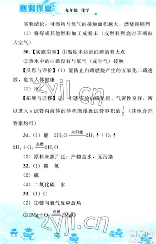 人民教育出版社2023寒假作业九年级化学全册人教版参考答案