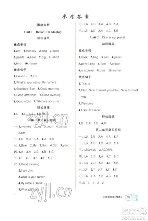 新疆青少年出版社2023寒假作业三年级英语人教精通版参考答案