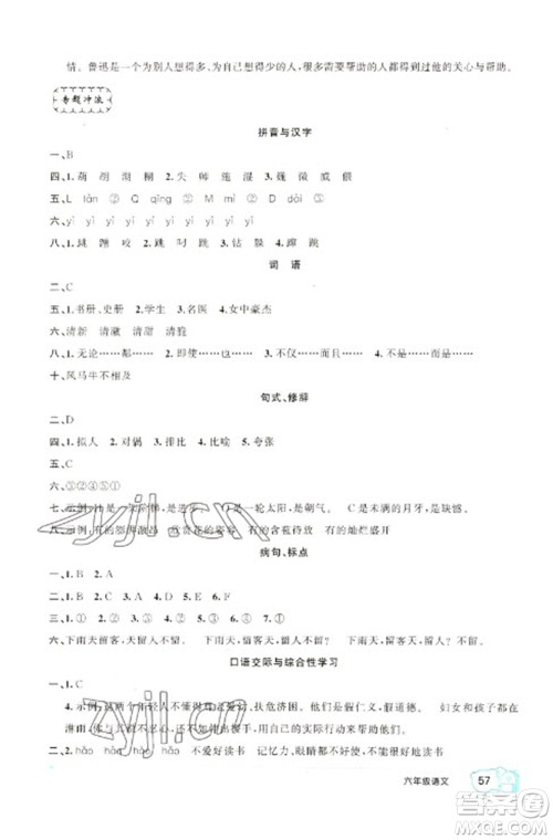新疆青少年出版社2023寒假作业六年级语文人教版参考答案