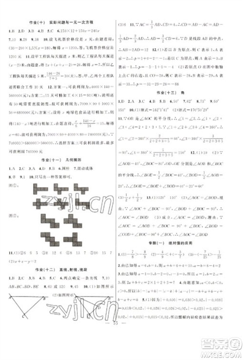 新疆青少年出版社2023寒假作业七年级数学通用版参考答案