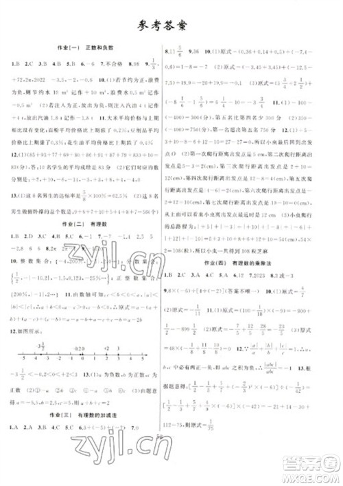 新疆青少年出版社2023寒假作业七年级数学通用版参考答案