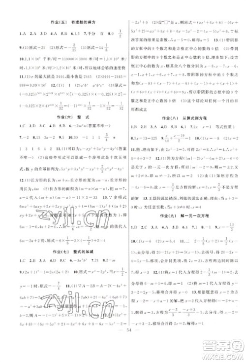 新疆青少年出版社2023寒假作业七年级数学通用版参考答案
