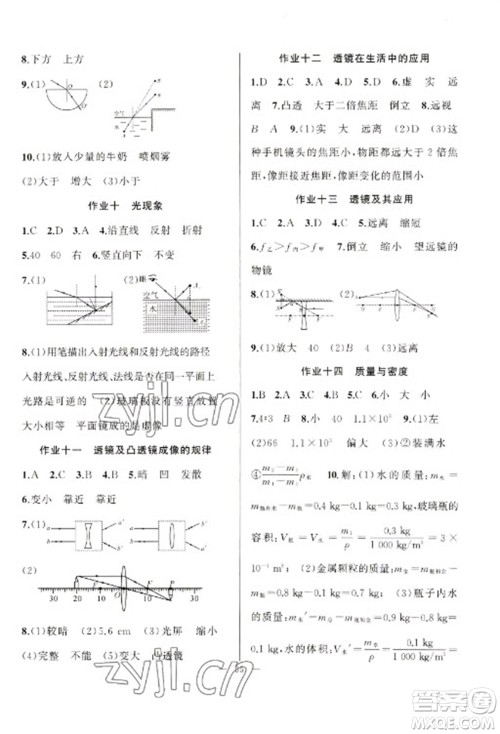 新疆青少年出版社2023寒假作业八年级物理通用版参考答案