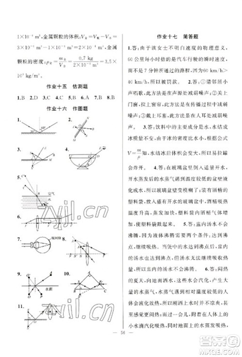新疆青少年出版社2023寒假作业八年级物理通用版参考答案