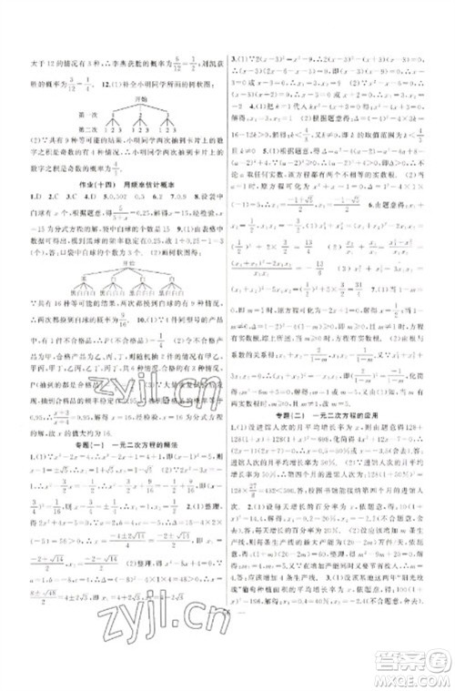 新疆青少年出版社2023寒假作业九年级数学人教版参考答案