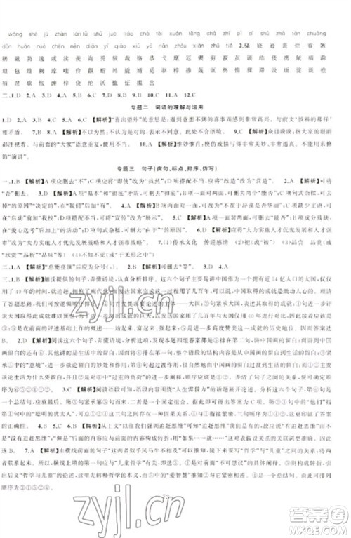 新疆青少年出版社2023寒假作业九年级语文通用版参考答案