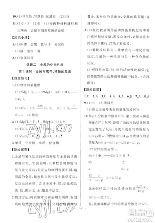 新疆青少年出版社2023寒假作业九年级化学人教版参考答案