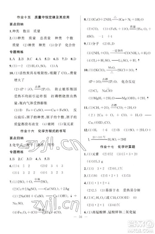 新疆青少年出版社2023寒假作业九年级化学人教版参考答案