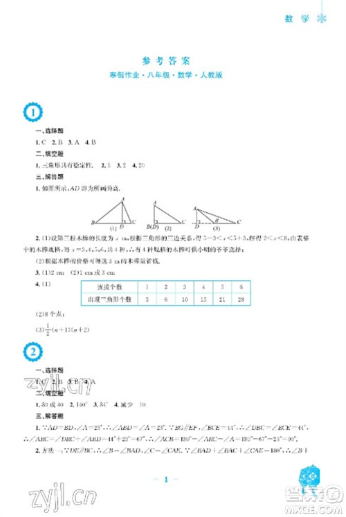 安徽教育出版社2023寒假作业八年级数学人教版参考答案