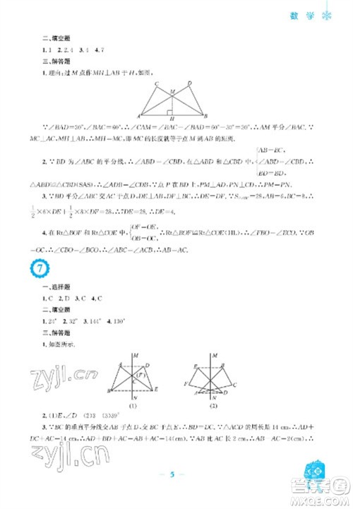 安徽教育出版社2023寒假作业八年级数学人教版参考答案