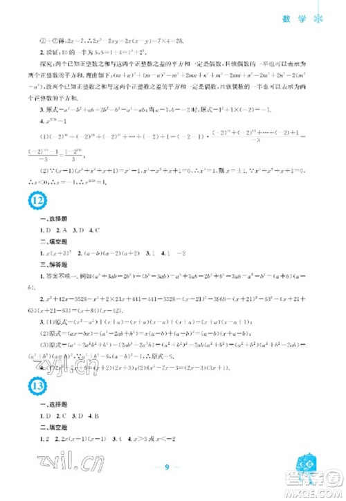 安徽教育出版社2023寒假作业八年级数学人教版参考答案