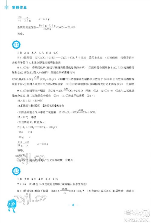 安徽教育出版社2023寒假作业九年级化学人教版参考答案 安徽教育出版社2023寒假作业九年级化学人教版参考答案