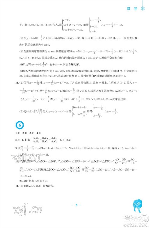 安徽教育出版社2023寒假作业九年级数学通用版参考答案