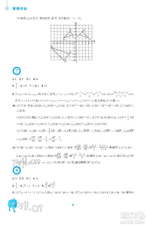 安徽教育出版社2023寒假作业九年级数学通用版参考答案