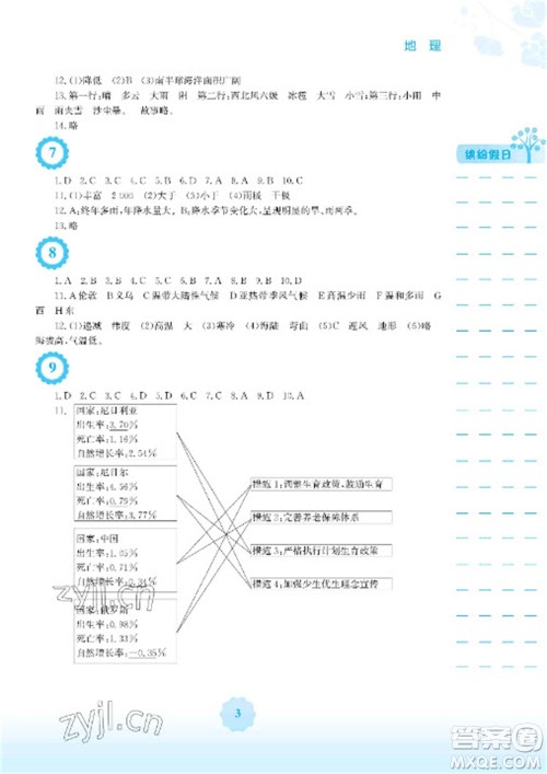 安徽教育出版社2023寒假生活七年级地理商务星球版版参考答案