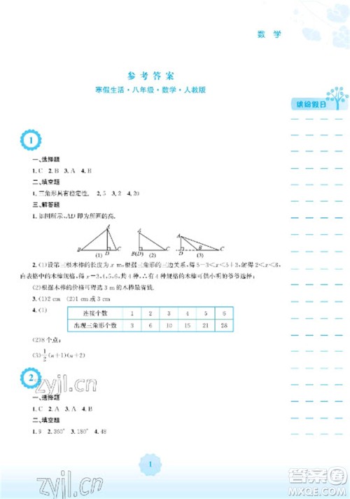 安徽教育出版社2023寒假生活八年级数学人教版参考答案