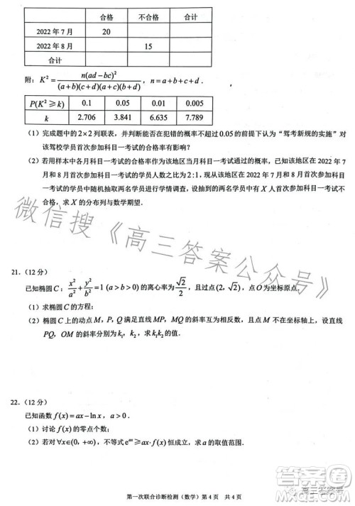 2023年重庆一诊高三第一次联合诊断检测数学试卷答案 2023年重庆一诊高三第一次联合诊断检测数学试卷答案