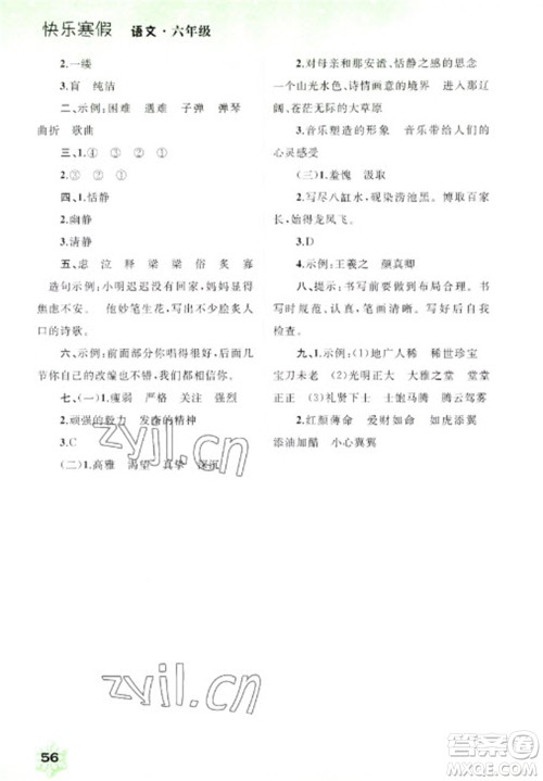 广西师范大学出版社2023快乐寒假六年级语文通用版参考答案