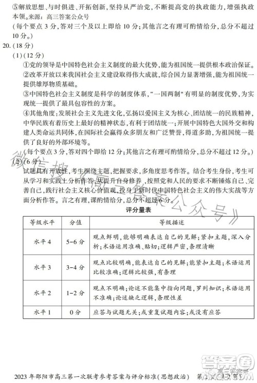 2023年邵阳市高三第一次联考试题卷政治试卷答案