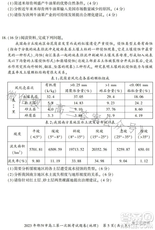 2023年邵阳市高三第一次联考试题卷地理试卷答案 2023年邵阳市高三第一次联考试题卷地理试卷答案