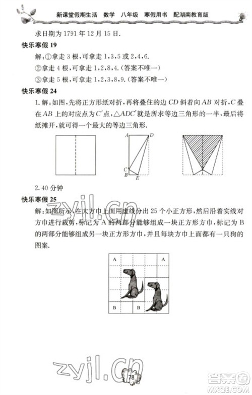 北京教育出版社2023新课堂假期生活寒假用书八年级数学湘教版参考答案