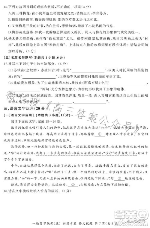 百师联盟2023届高三一轮复习联考五新高考语文试卷答案 百师联盟2023届高三一轮复习联考五新高考语文试卷答案