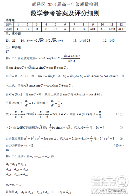 武汉市武昌区2023届高三元月调考数学试题答案 武汉市武昌区2023届高三元月调考数学试题答案