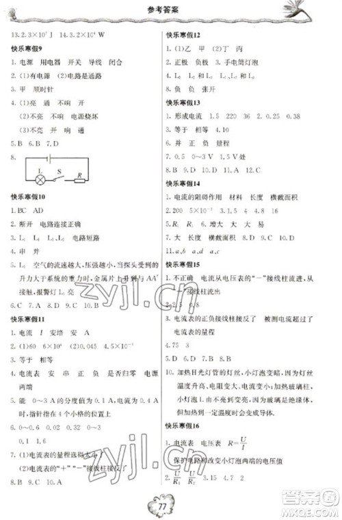 北京教育出版社2023新课堂寒假生活九年级物理人教版参考答案