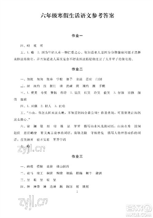 湖南少年儿童出版社2023寒假生活六年级合订本通用版参考答案