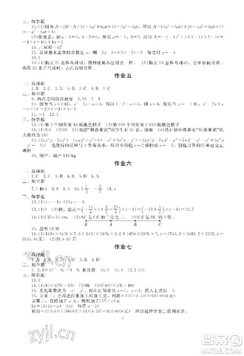 湖南少年儿童出版社2023寒假生活七年级主科合订本通用版参考答案