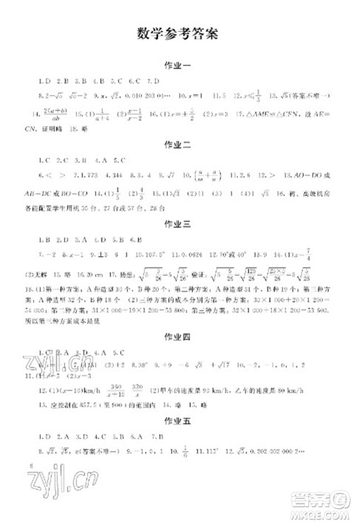 湖南少年儿童出版社2023寒假生活八年级主科合订本通用版参考答案