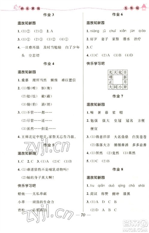 河北少年儿童出版社2023赢在起跑线快乐寒假五年级合订本通用版福建专版参考答案