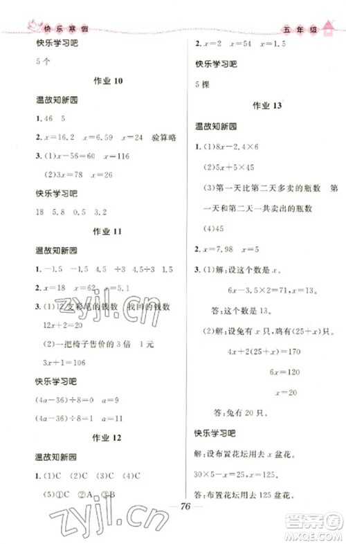 河北少年儿童出版社2023赢在起跑线快乐寒假五年级合订本通用版福建专版参考答案