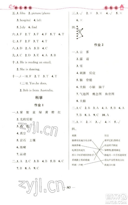 河北少年儿童出版社2023赢在起跑线快乐寒假五年级合订本通用版福建专版参考答案