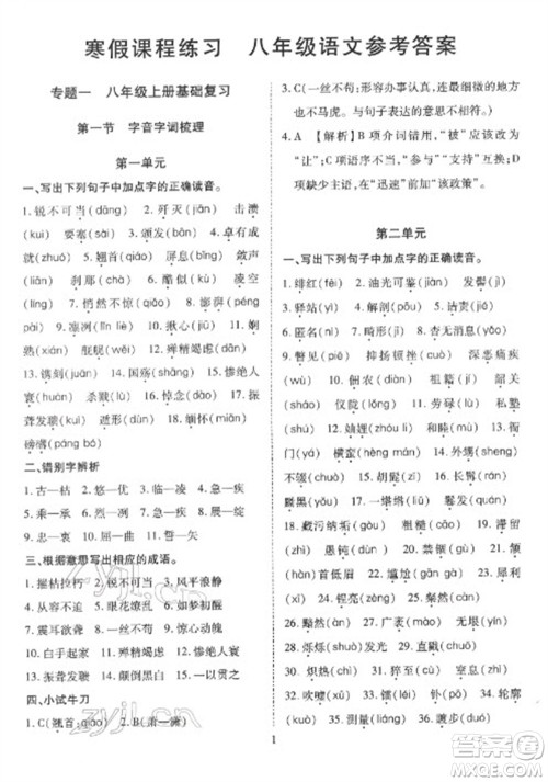 天津教育出版社2023寒假课程练习八年级语文人教版参考答案 天津教育出版社2023寒假课程练习八年级语文人教版参考答案