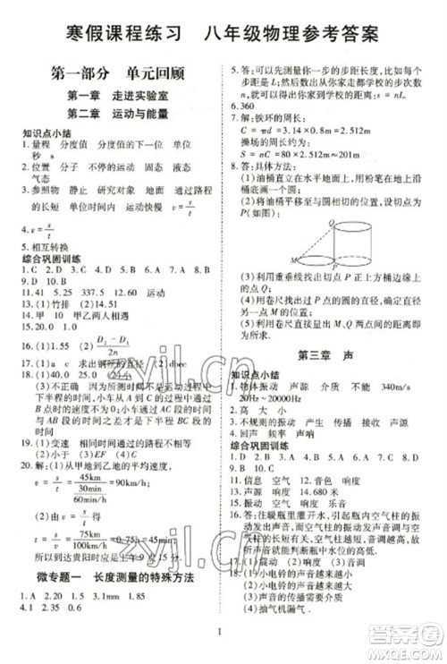 天津教育出版社2023寒假课程练习八年级物理人教版参考答案