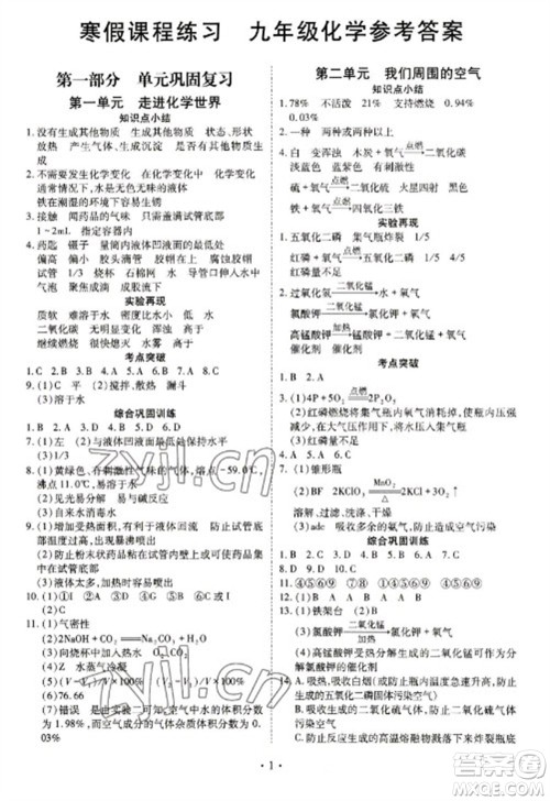 天津教育出版社2023寒假课程练习九年级化学人教版参考答案 天津教育出版社2023寒假课程练习九年级化学人教版参考答案