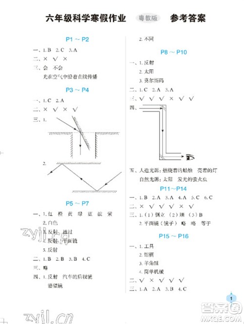 长江少年儿童出版社2023寒假作业六年级科学粤教版参考答案