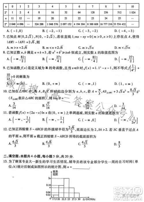 天一大联考2022-2023学年高三年级上学期期末考试文科数学试卷答案 天一大联考2022-2023学年高三年级上学期期末考试文科数学试卷答案
