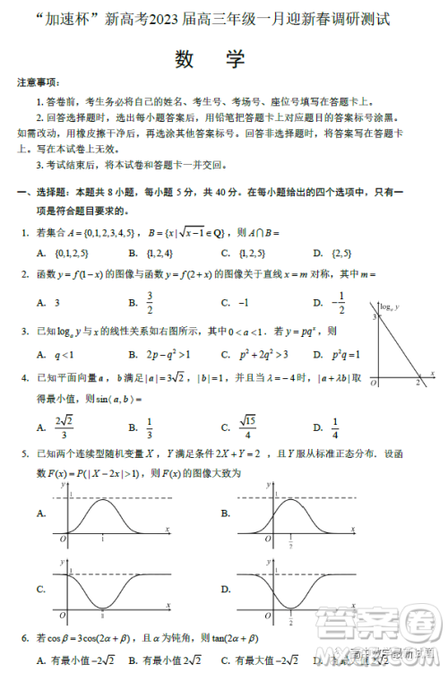 加速杯新高考2023届高三年级一月迎新春调研测试数学试题答案